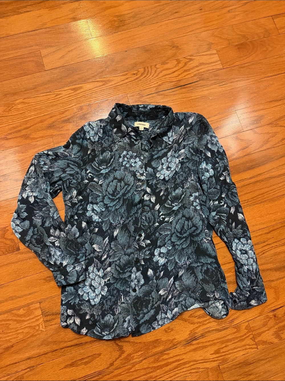 L'AGENCE Floral Button-Down Shirt in Teal and Black